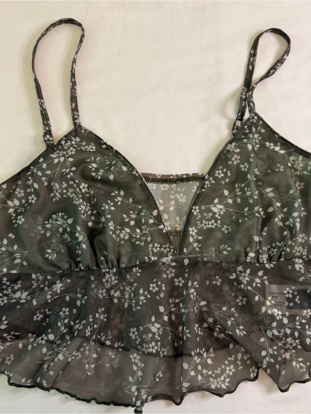 Cider Floral Mesh Ruffle Cami XL Green Sheer Babydoll Crop Top Cottagecore - Picture 2 of 6